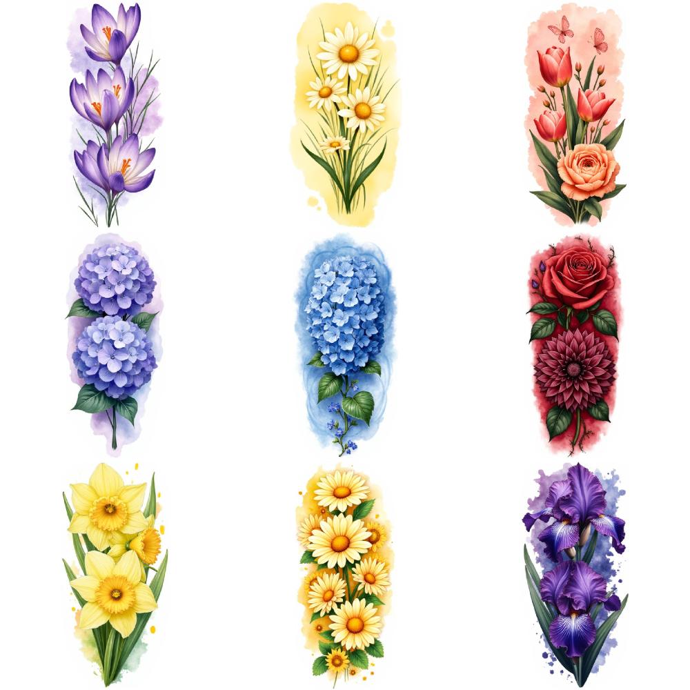 9pcs Temporary Tattoo Colorful Realism Beautiful Flora Watercolor Flowers Colorful Blooms For Shoulders Back Adult
