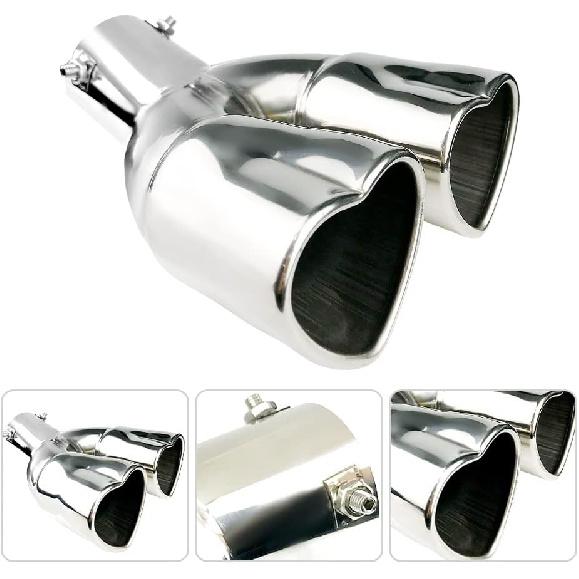 2.5 Inch Inlet Dual Exhaust Tips Muffler Tip,Chrome Heart-Shaped Exhaust Tip,Universal Bolt-On Double Tube Exhaust Muffler (Silver,Curved)