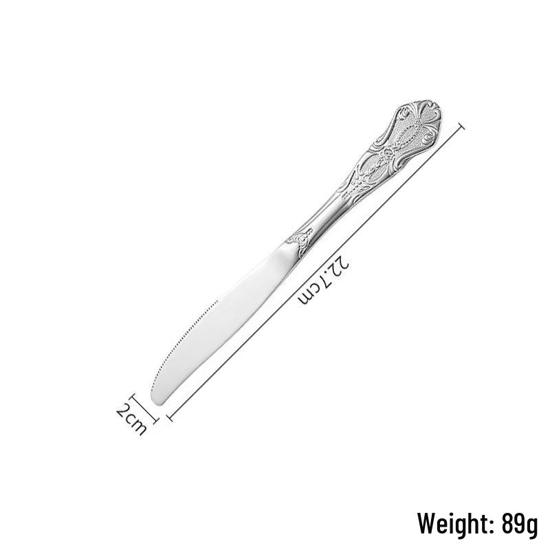 Royal Court Stainless Steel Retro Embossed Cutlery Set: Knife, Fork, Spoon, Steak Knife, Dessert Spoon.