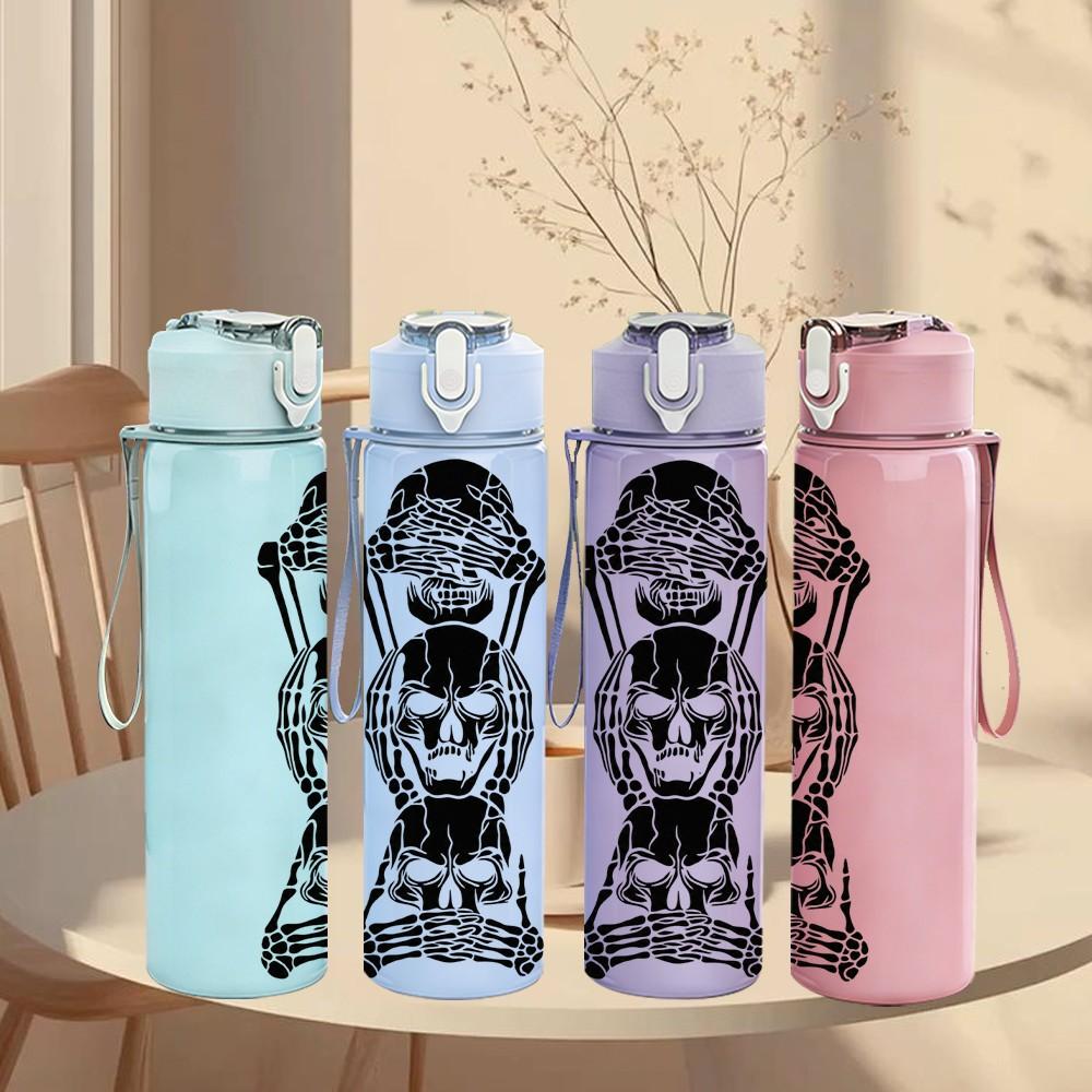 1PC Sugar Skull Skeleton Statue 750ml Color Plastic Sports Water Bottle Leakproof Flip Straw Lid Suitable for Sports Office Home Use