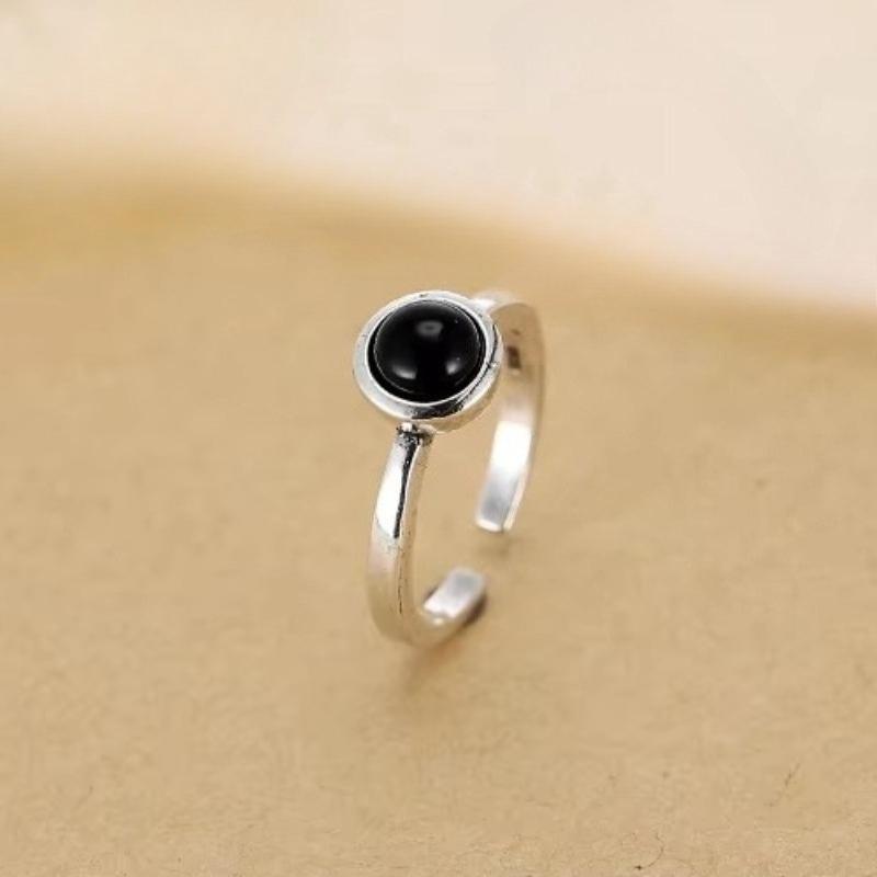 925 Sterling Silver Black Open Rings for Women Personality Simple Style Lady Prevent Allergy Sterling-silver-jewelry