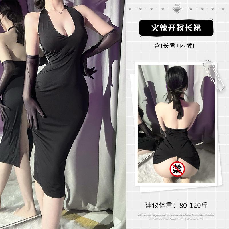 French Celebrity Deep V Breast Seduction Sexy Pure Black Red Dress Naked Buttocks Sex Underwear