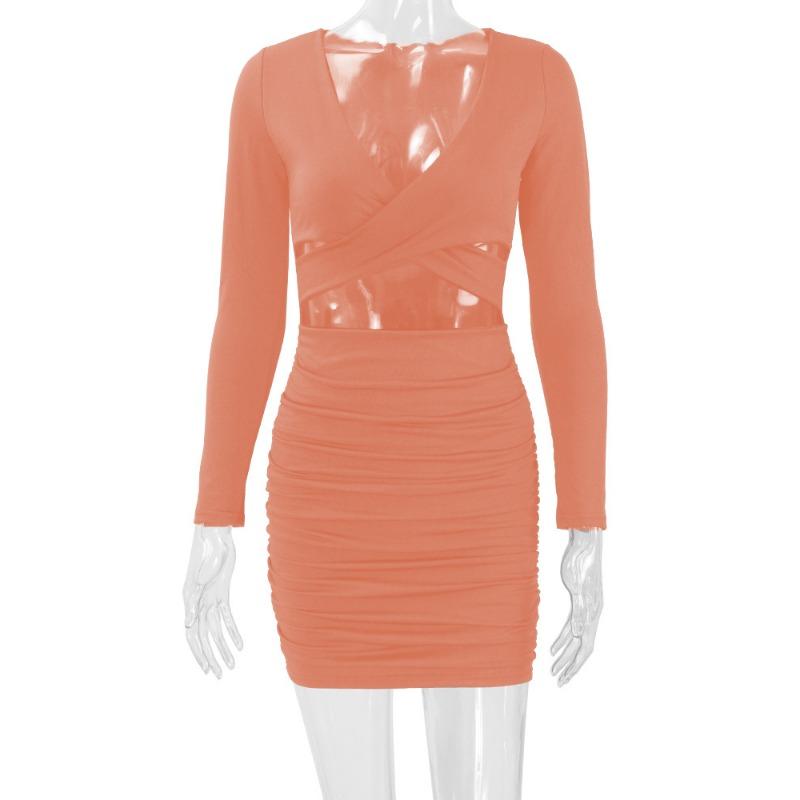 Gonna Autunno/Inverno da Donna Sexy con Intagli a Pacchetto sui Fianchi Vestito a Maniche Lunghe Pieghettato