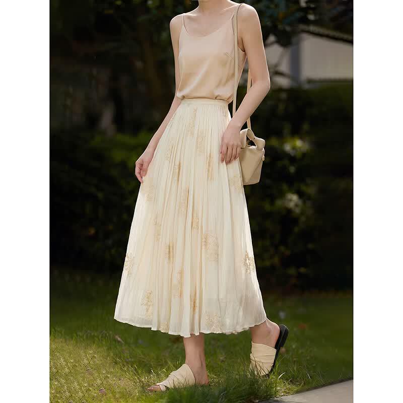 Sweet Embroidered A-Line Pleated Long Skirt