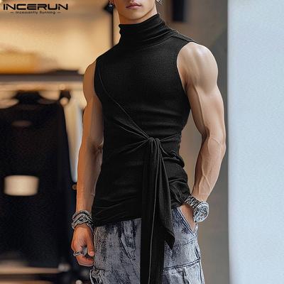 Men Turtleneck Sleeveless Bandage Solid Knitted Vest Tanks
