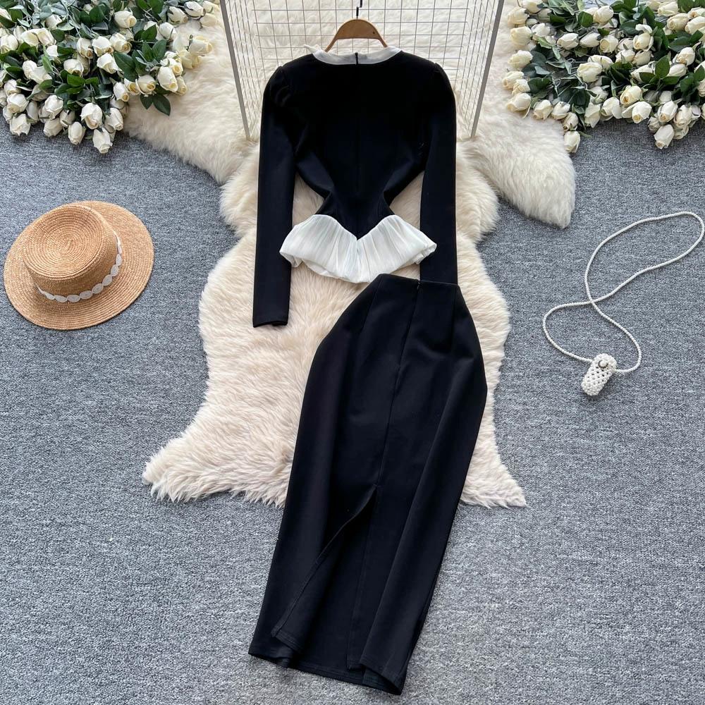 Autumn Winter Women Vintage Hepburn Style Black Business Outfits O-neck Blouses Tops and Long Midi Bodycon Pencil Skirt Office Work Two Piece Set