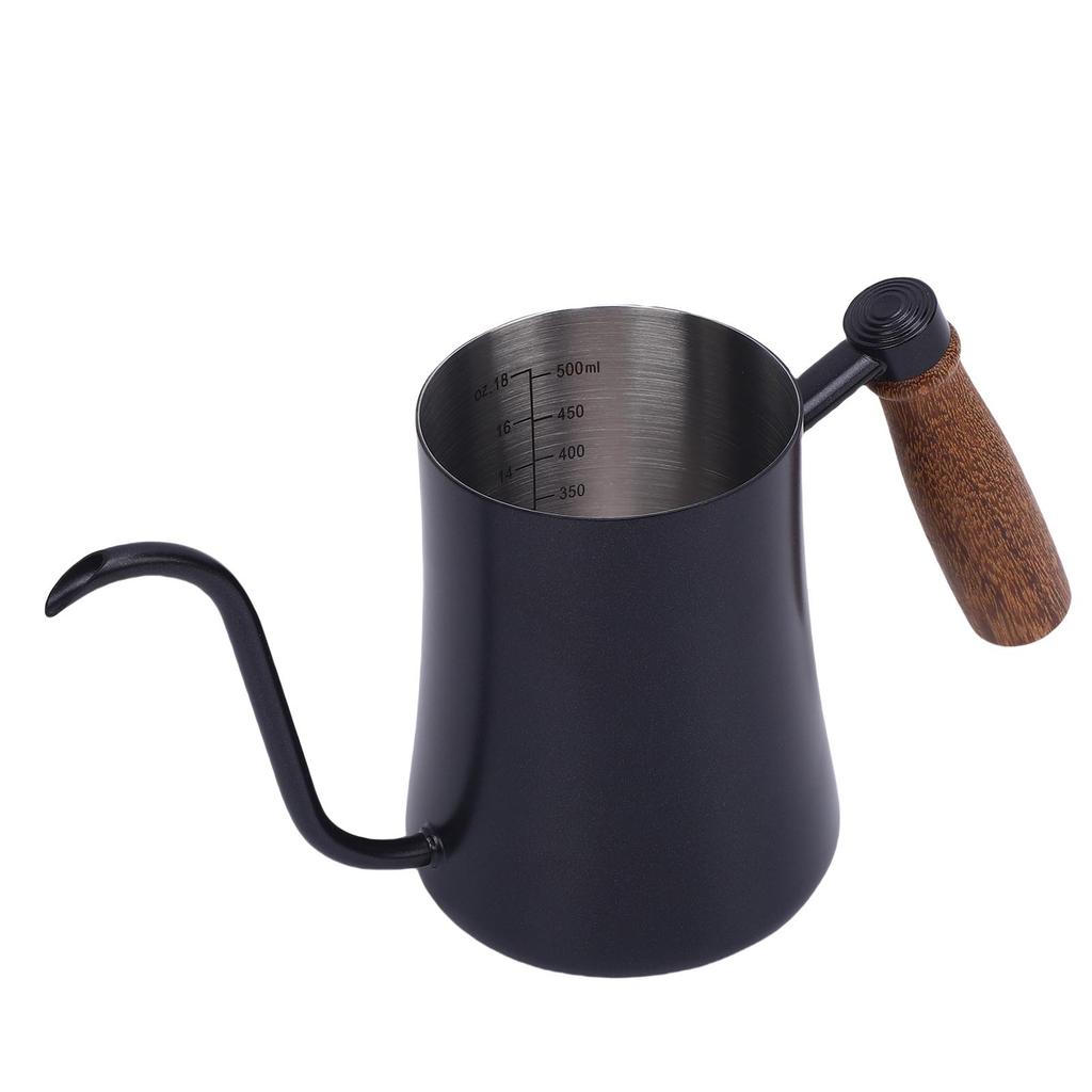 600ML Coffee Brewing Pot 304 Stainless Steel Water Pot with Temperature Meter Wood Handle   Spout