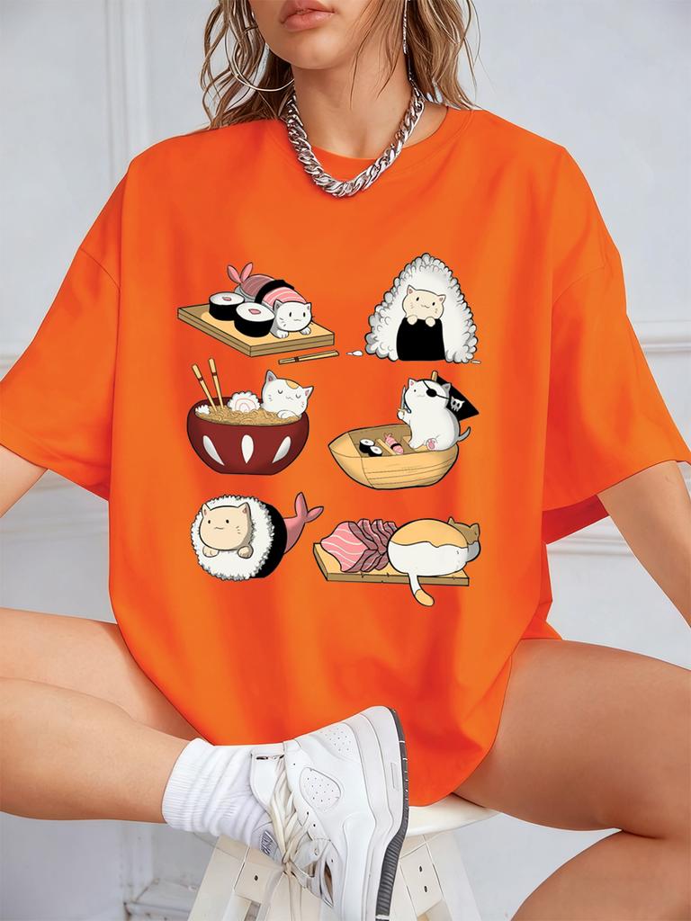Kawaii Sushi Cats Printing TShirts Womens Summer Cotton Short Sleeve T Shirt Loose ONeck Comfortable Tops Casual Woman Clothes