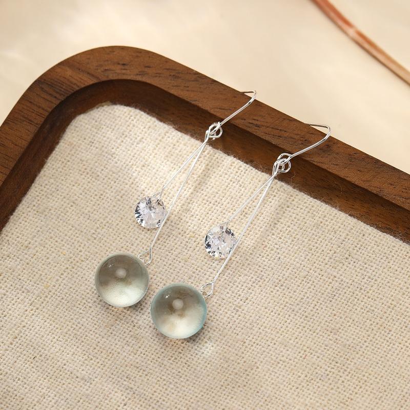 S925 Sterling Silver Clear Crystal Round Bead Drop Earrings Long Tassel Hook Earrings Women Elegant Daily Jewelry