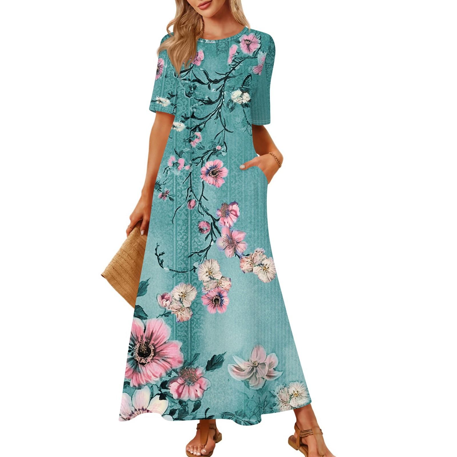 Women s Fashionable And Casual Long Beach Skirt Round Neck Short Sleeved Loose Retro Print Dress XL