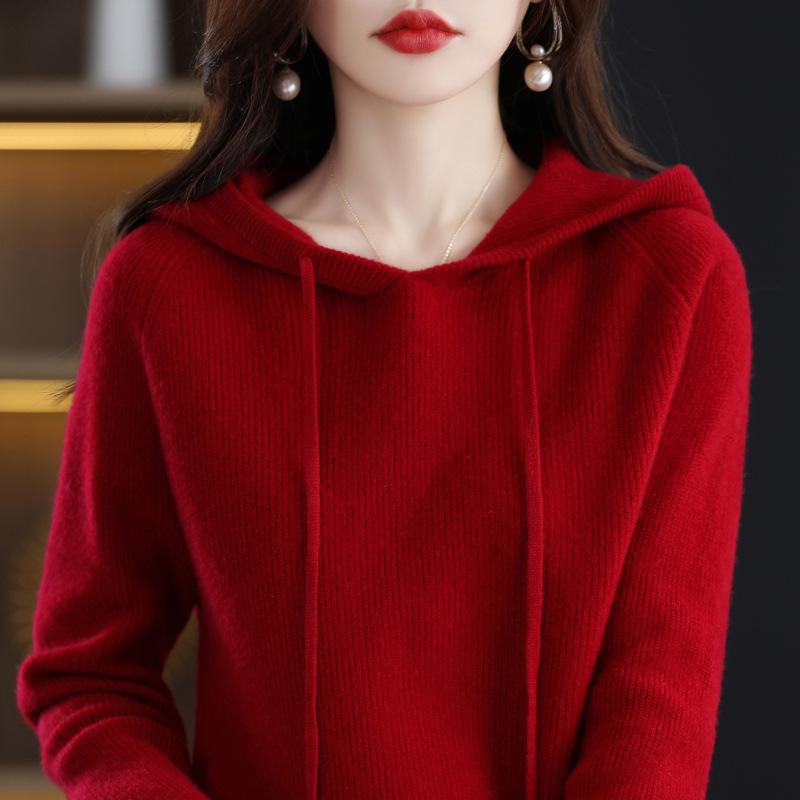 Women's 100% Wool Hooded Sweater - New Autumn/Winter Cashmere Knit Base Layer Hoodie