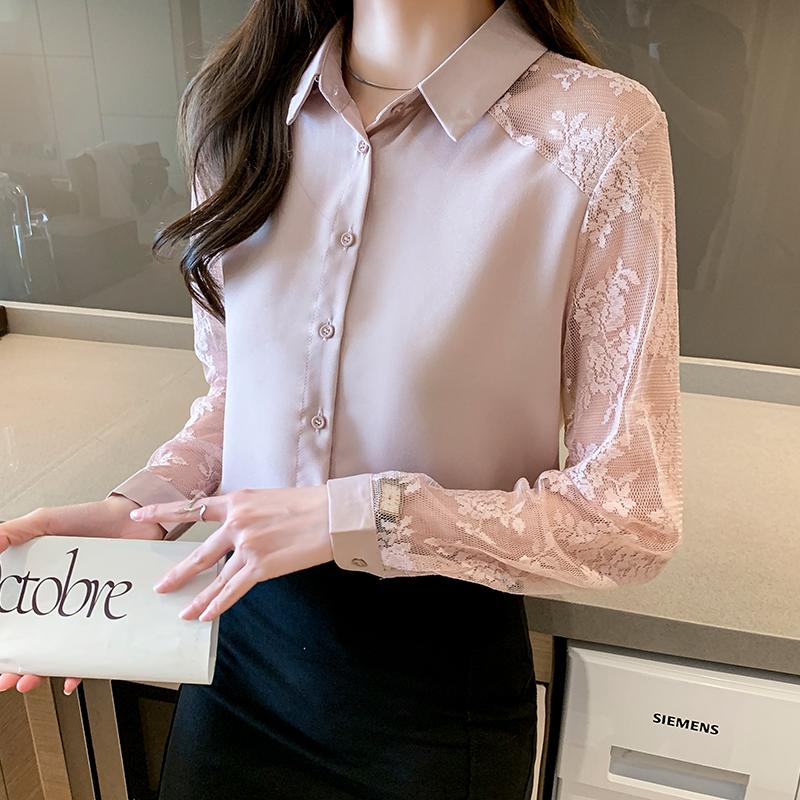 16 Color Lace Patchwork Chiffon Shirt Women Blouse Fashion Hollow Long Sleeved Top Slim OL Work Party Shirt Solid Color