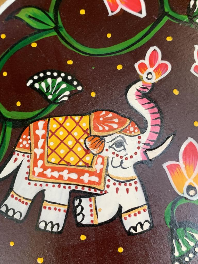 Hand Painted Wooden Chowki Bajot | Round Elephant Design Stool Table