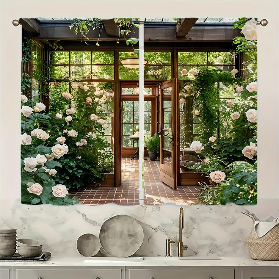 2pcs Soft and Elegant Watercolor Flower Semi-Blackout KitchenCurtain-Enhance Your Home Décor