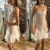 Women Evening Dress Sequin Fluffy Fur Decor Sleeveless Off Shoulder Skinny Sheath Backless