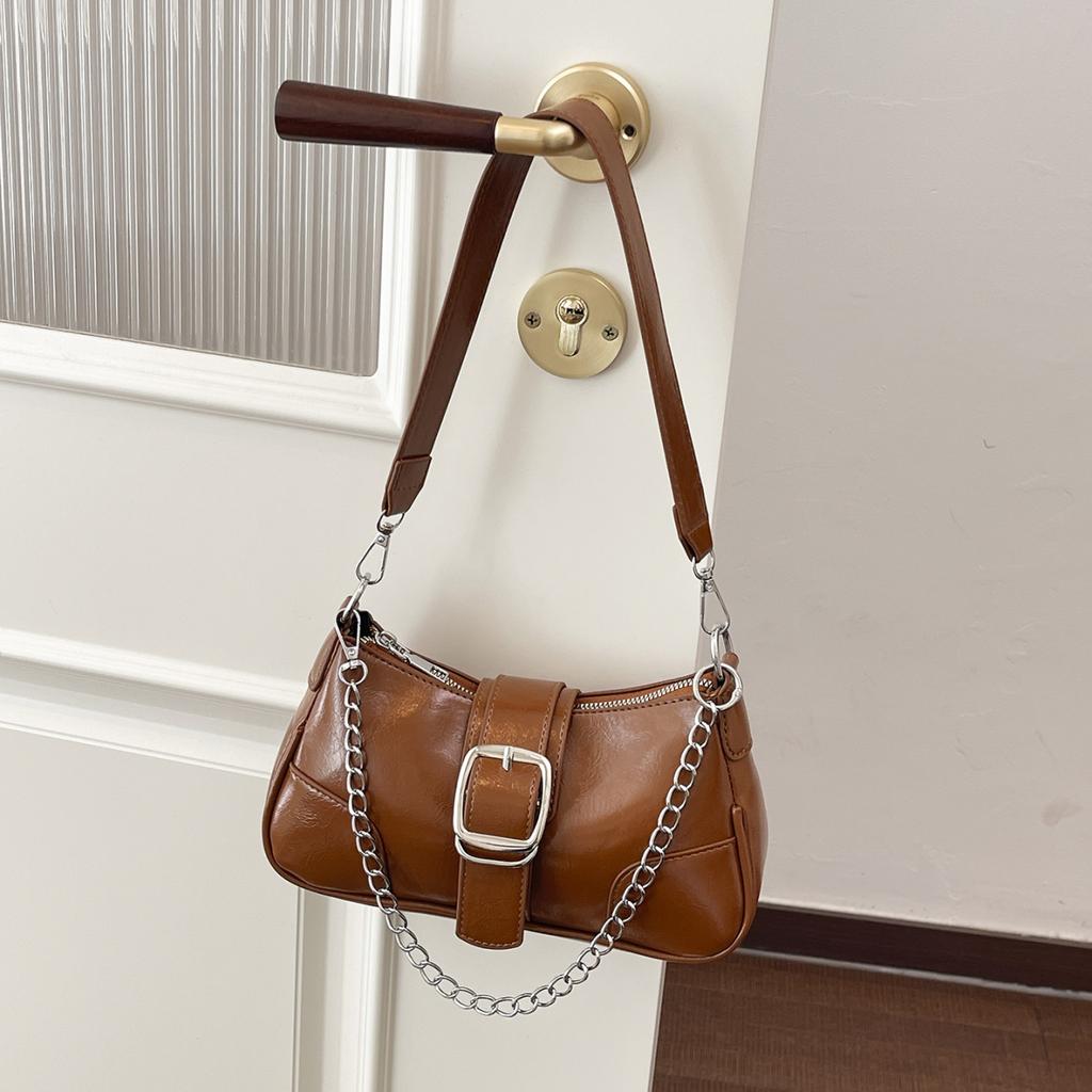 Silver Shoulder Bag Chain Handbag Fashion Bag Solid Color Pu Leather Ladies Bag French Style Underarm Shopper Purse Black Bolsos
