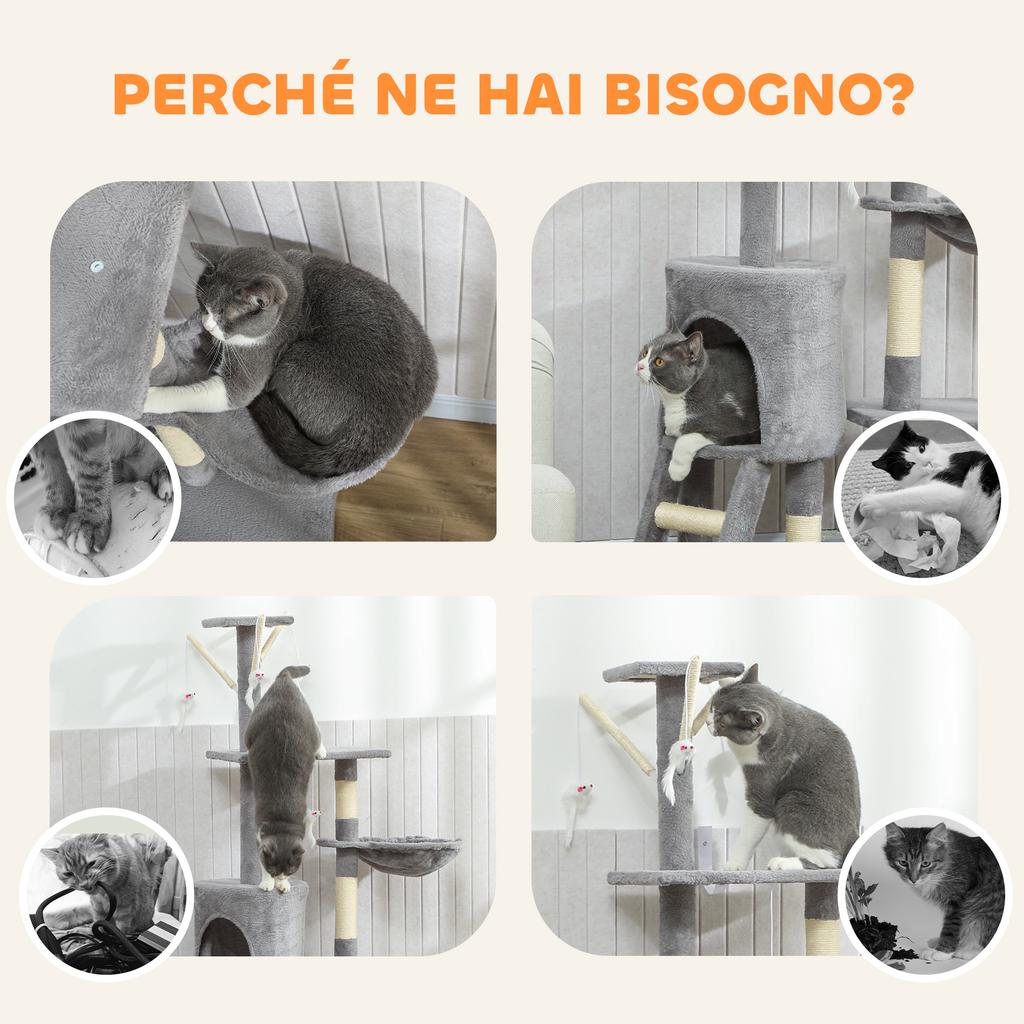 Cat Tower with House, Perch, Platforms and 4 Mice, Made of Wood, Plush and Sisal, 60x35x134 cm, Grey