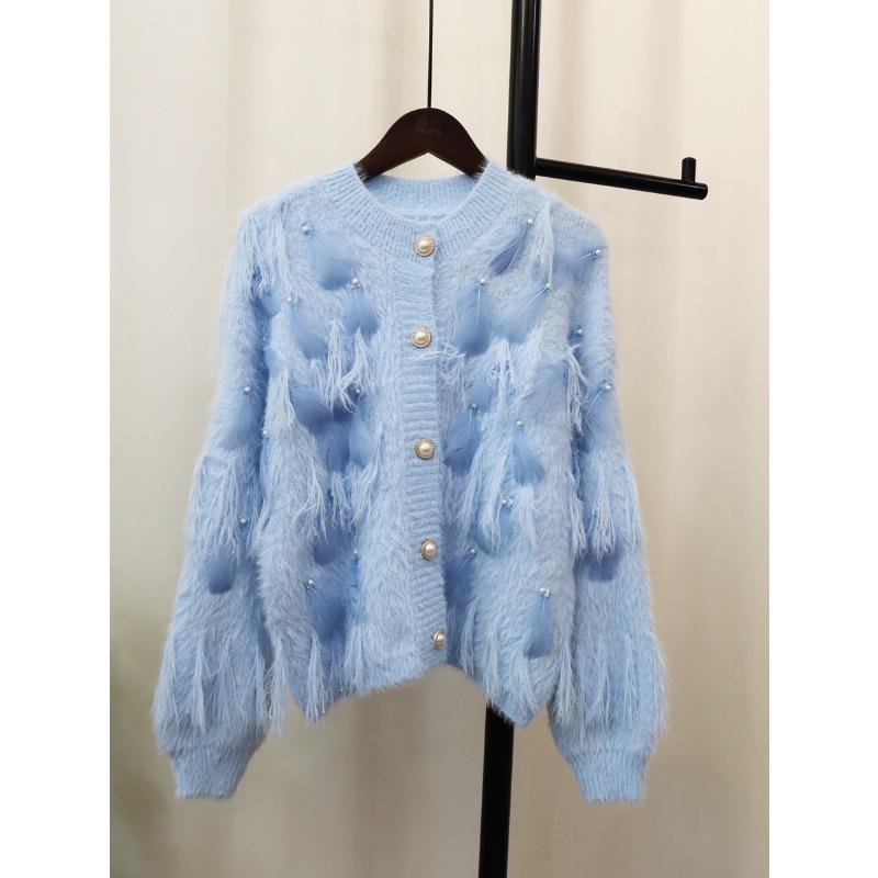 Autumn and Winter Imitation Mink Velvet Gentle Wind Design Feeling Feather Beads Fringed Knitted Cardigan Sweater Jacket Women