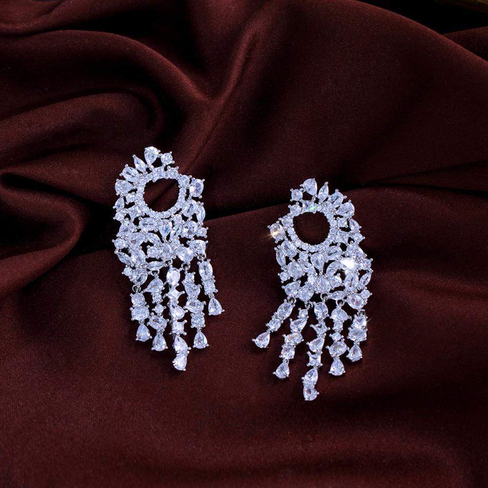 Zircons Luxury Clear White Cubic Zircon Symmetry Long Tassel Earrings for Women Trendy Engagement Wedding Jewelry Gifts E1148