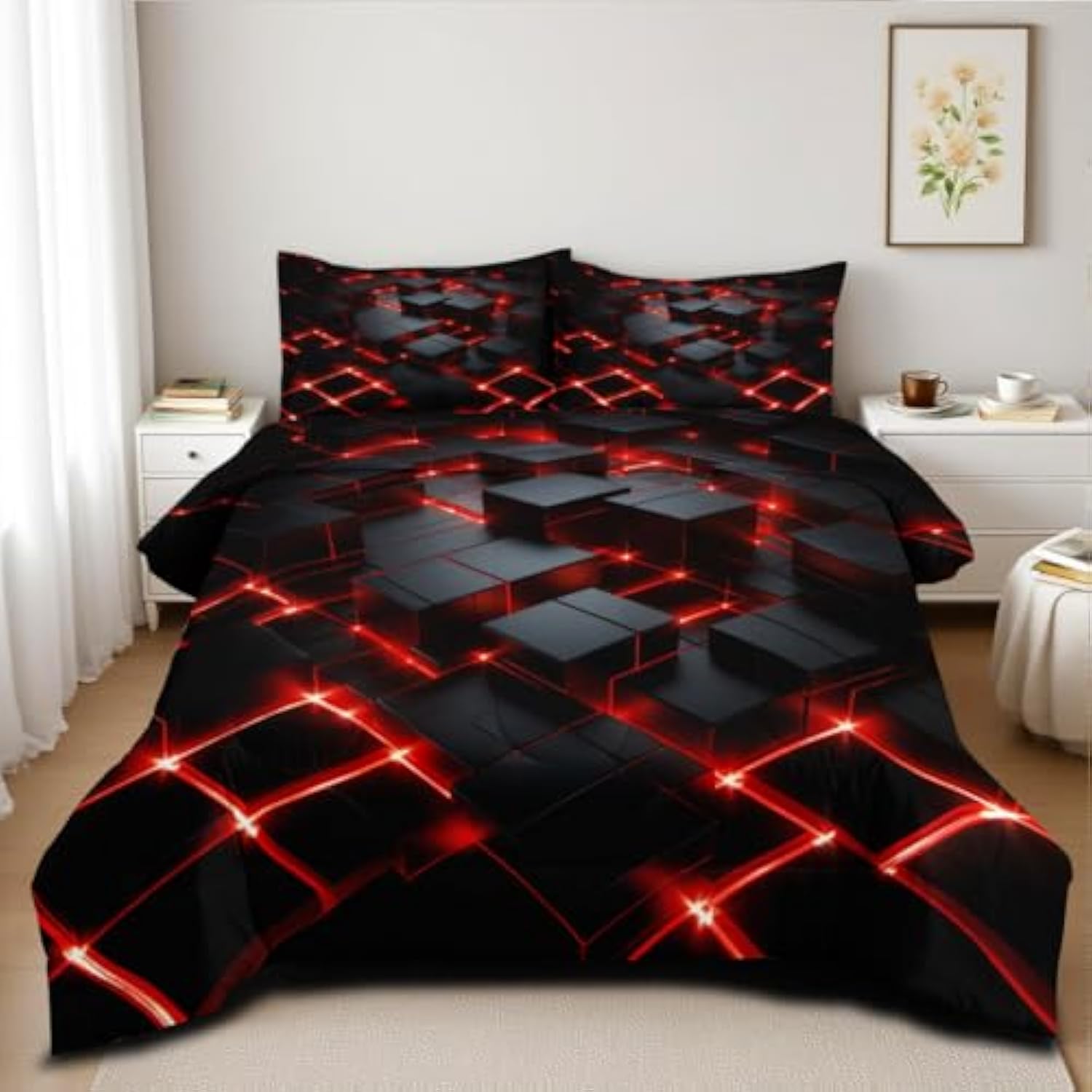 

Geometric Style Bedding Set Cherry Blossom Comforter Cover Set Queen Bedding Black Floral Bedding Set 3Pcs Asian Art Decorative Duvet Cover Set&EU Single(135x200cm)