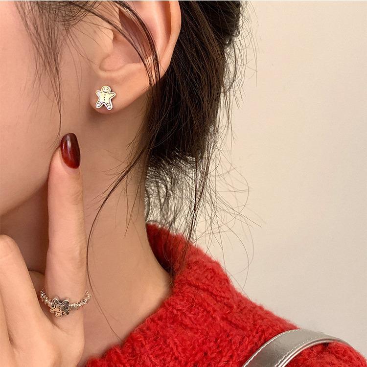 S925 Silver Cute Gingerbread Man & Bear Stud Earrings - Versatile Christmas Gift for Women