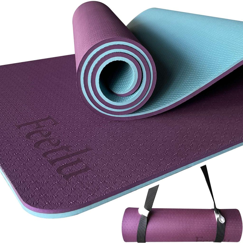 Feetlu Thick Yoga Mat with Inch Popular Thick Yoga Thick Stretching Pilates Mat Straps, 2/5 (10mm) - Mat, Mat, (Purple/Light Blue)