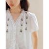 Inman French Lace Embroidered V-Neck Short Sleeve Cotton Shirt