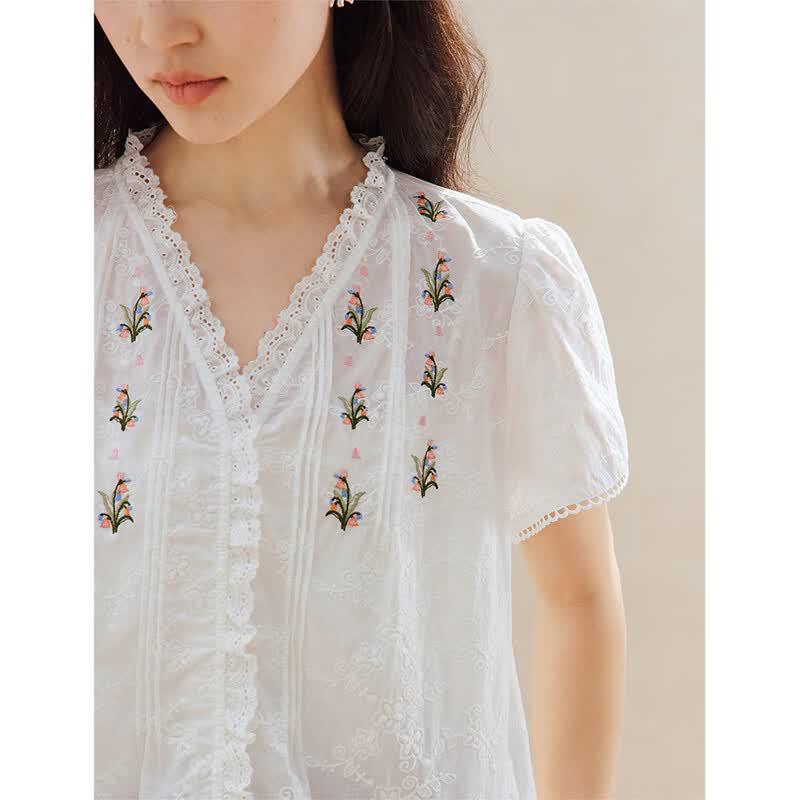 Inman French Lace Embroidered V-Neck Short Sleeve Cotton Shirt