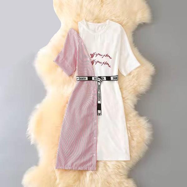 

WTEMPO Женские платья весна-лето с поясом, винтажные, с высокой талией, с коротким рукавом, повседневные, свободные, с вышитыми буквами, нерегулярные полосатые платья XXL красный