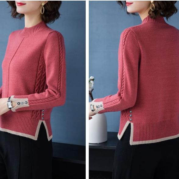 Fall/Winter Women's Semi-Turtleneck Sweater Thickened Loose Pullover Knitwear Split Stretch Knit Jumper