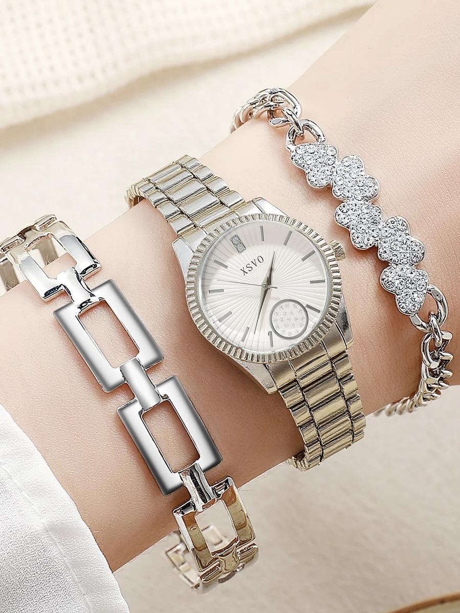 

Fashion All-match Steel Band Round Dial Women s Quartz Watch Bracelet 3-piece Set, Suitable for Christmas and Thanksgiving Gifts серебряный