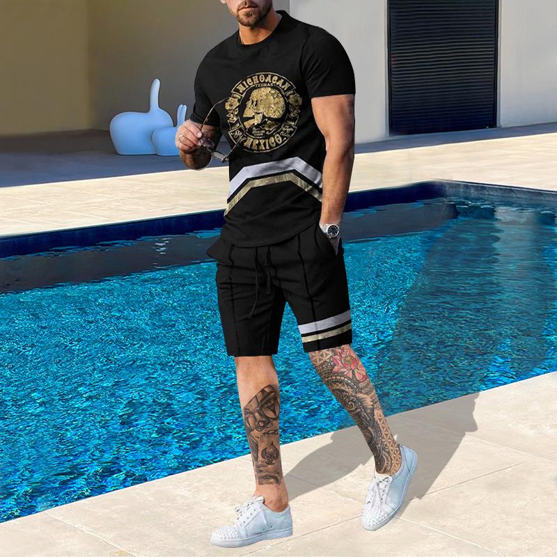 Plus Size Men's Summer Suit Round Neck Short Sleeved Shorts 3D Printed Loose Men's Casual Sports Set
