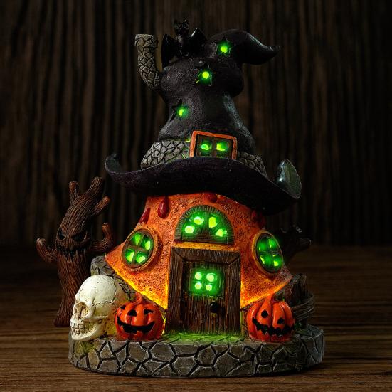 Halloween Witch House Statue with LED Light Magical House Resin Figurine Sculpture Home Office Desktop Decoration Ornament