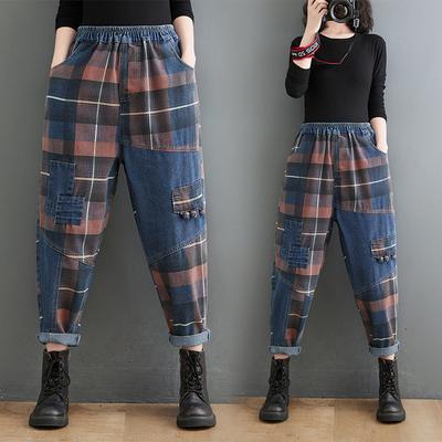 Jesenné voľné džínsové nohavice s vysokým pásom pre ženy Streetwear Ležérne Haremové nohavice Patchwork Kockované džínsy Dámske 2025