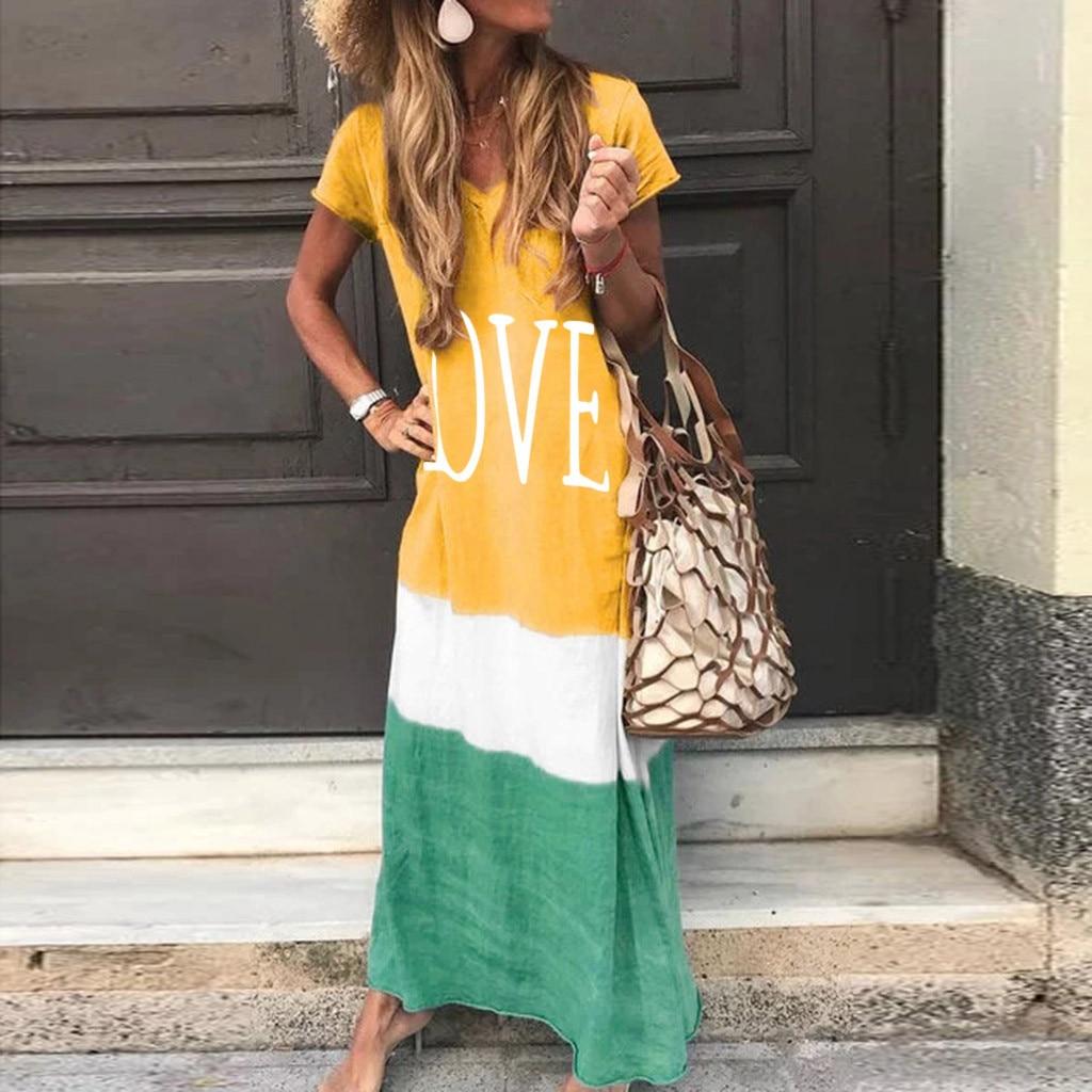 Long Dress Summer Dress Women Letter Print Patchwork Sundress Casual Loose Plus Size Sexy V Neck