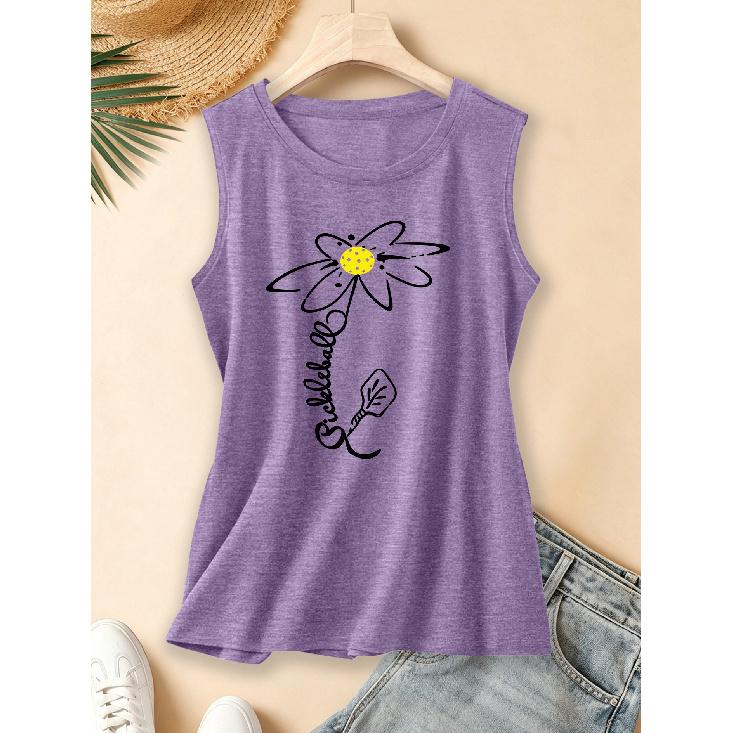 2026 Vintage Pickleball Daisy Racket Print Women Single Strap Sleeveless Vest Round Neck Daily Commute Spring Summer Autumn Tank Top