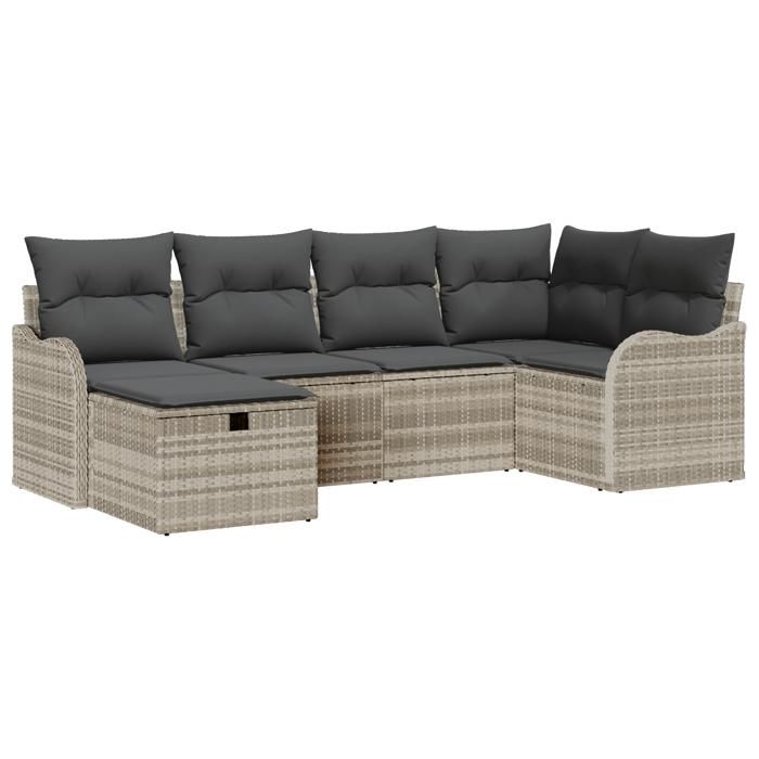 Ensemble de canapé de jardin 6 pièces avec coussins gris clair en poly rotin, Canapé de jardin 2 places avec coussins gris 3358981