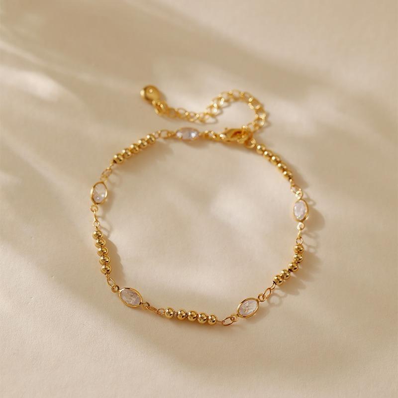 Womens Exquisite Dainty Zircon Inlaid Small Round Bead Chain Lucky Bracelet