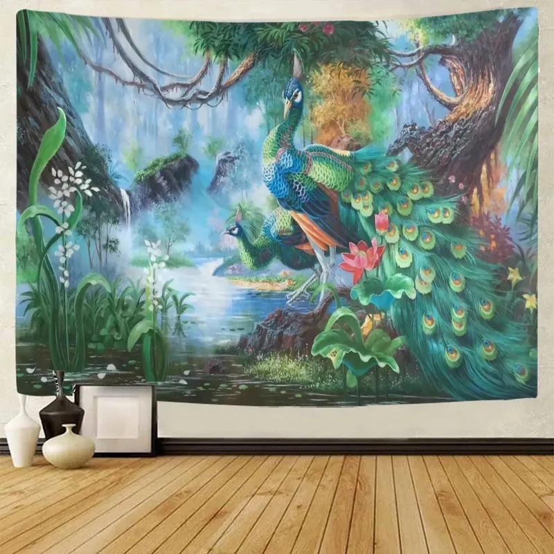 Peacock Trees Oil Painting Style Pattern Tapestry Home Wall Decoration Tapestry Bedroom Living Room Tapestry