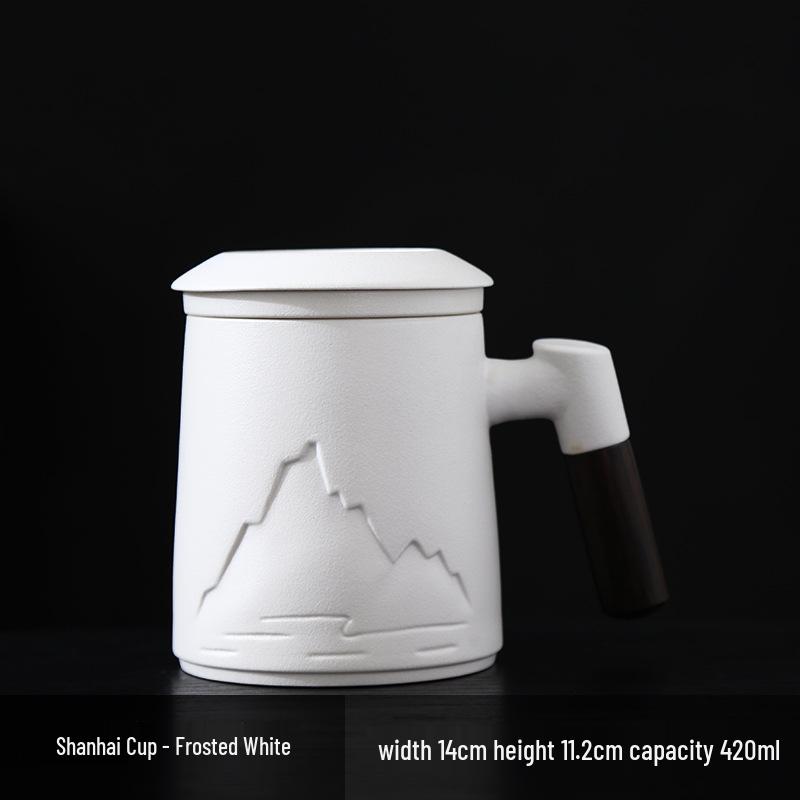 Distant Mountain Ceramic Cup Set: Creative Three-Piece Office Mug with Tea & Water Separation. Ideal Business Gift or Souvenir. 401-500ml