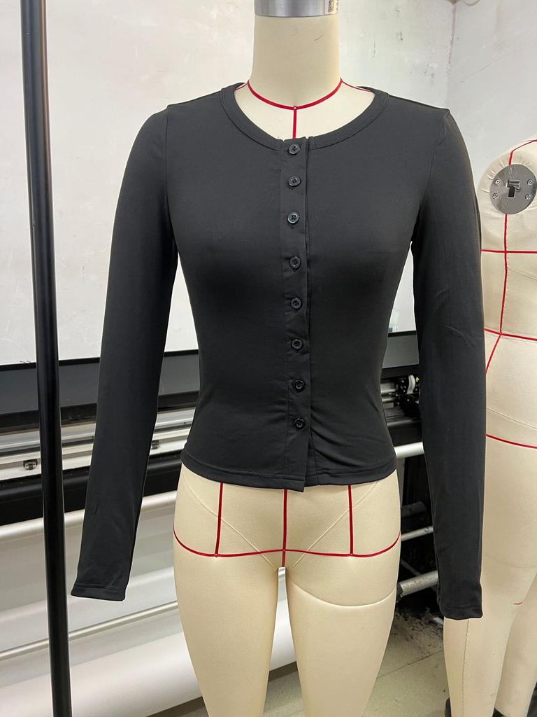 Women's Henley Neck Long Sleeve Slim Elegant Solid Button Down Top Casual Cropped Cardigan Tee For Spring Fall Daily Wear
