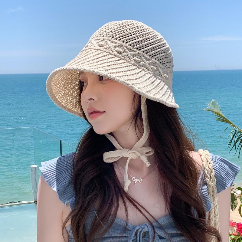 Versatile Tether Straw Hat Summer Sun Protection Hat Women's Outdoor Seaside Vacation Beach Hat Knitted Hollow Sun Hat Tide