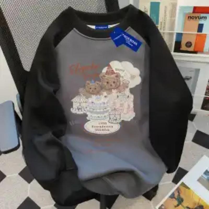 Bluza z czystej bawełny w stylu koreańskim z okrągłym dekoltem, patchworkowa, dla kobiet, jesienno-zimowa, luźna, wszechstronna góra, zgodna z trendami