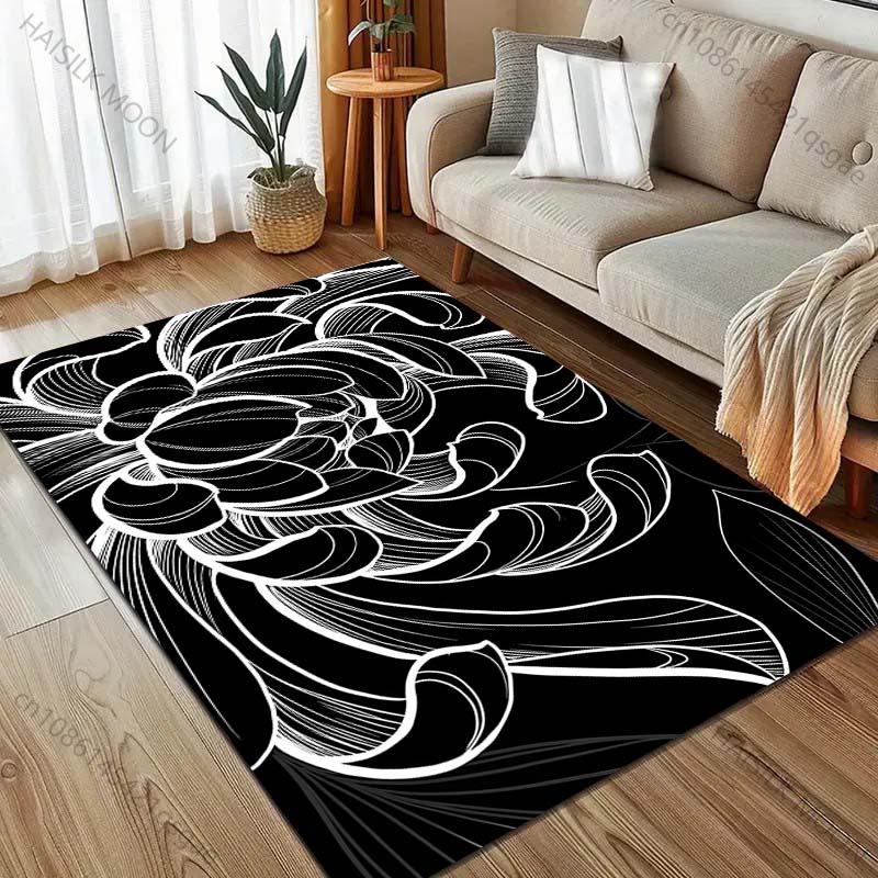 Multiple Sizes Luxury Black and White Flowers Carpet for Living Room Bedroom Sofa Home Decor Rus Non-slip Floor Mat