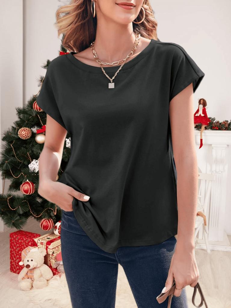 Women's Boat Neck Cap Sleeve Top Loose Fit Lightweight Basic Casual Tee
