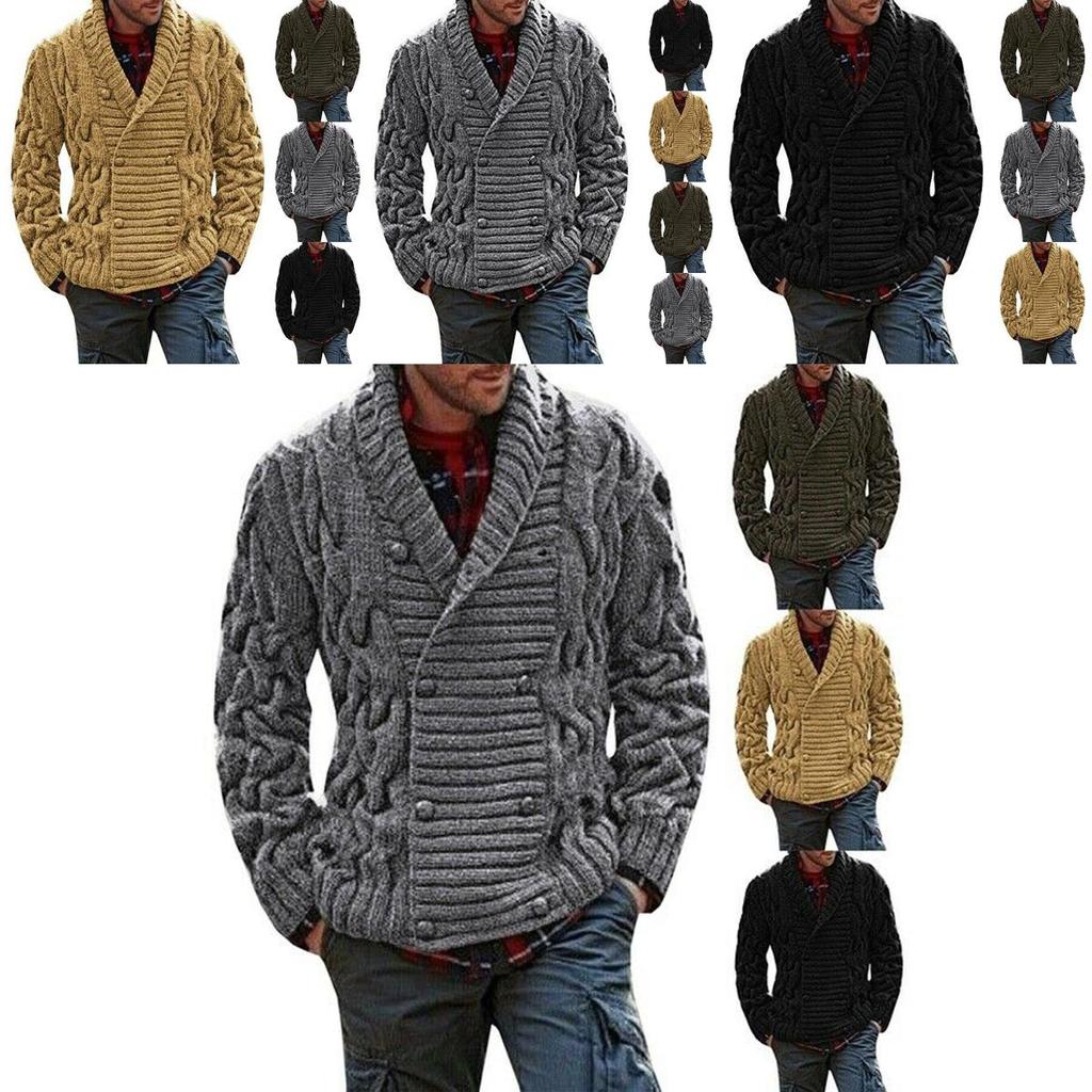 Thick Mens Knitted Shawl Collar Double Breasted Cable Knitwear Cardigan Sweater