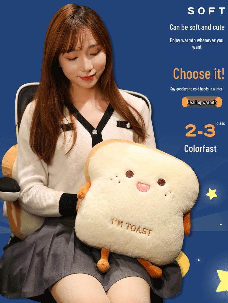 Plush Rabbit Fur Hand Warmer & Pillow - Cute Toast Bread Design