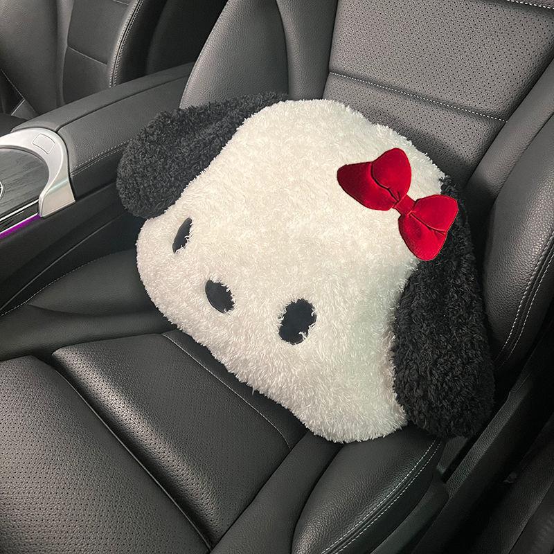 Niedliches schwarz-weißes Hunde-Auto-Kopfstützenkissen aus Plüsch, bequem und bequem
