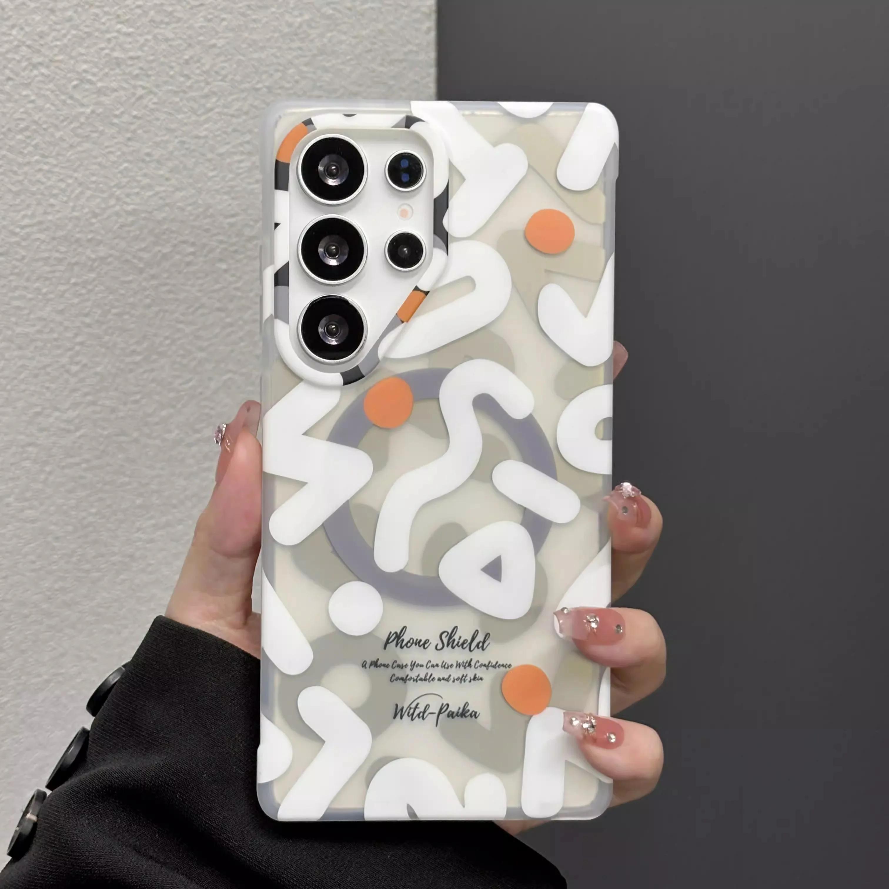 Стильный модный матовый чехол-бампер из ТПУ и ПК с граффити для Samsung Galaxy S26 Ultra S25 S24 Ultra для беспроводной зарядки MagSafe Прозрачный чехол Galaxy S26 Ultra белый