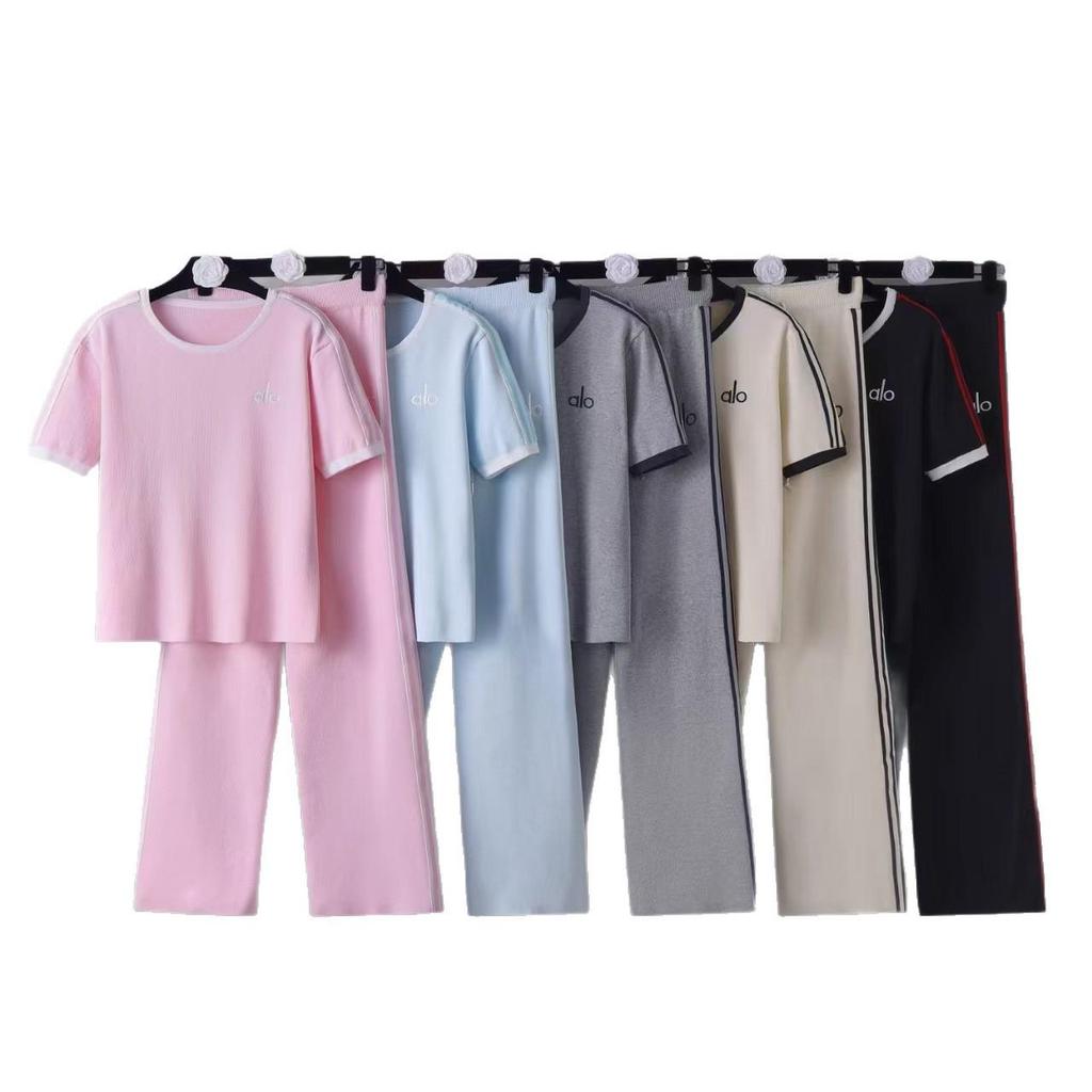 Conjunto de Verão Europeu Elegante de Duas Peças: Conjunto Esportivo Feminino de Camiseta de Manga Curta e Calça Longa